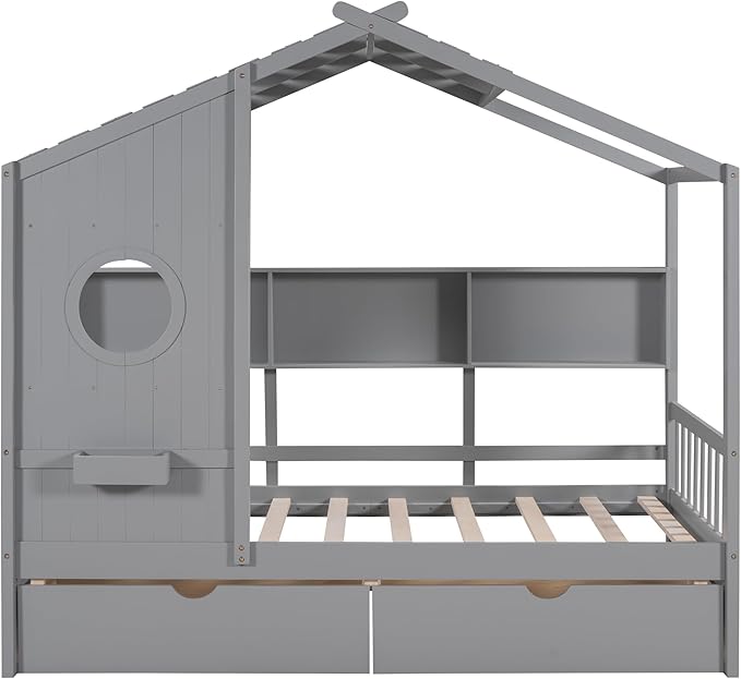 Merax Wood Twin House Daybed with Drawers & Book Shelf, Low Sofa Day Bed for Boys Girls No Box Spring Needed Gray
