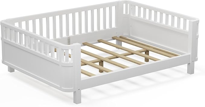 Full Kids Floor Bed Frame with Rails, Wood Low Montessori Platform Bed with Slats Support, Modern Daybed with Detachable Side Rails, Space Saving Kids Beds for Boys Girls Bedroom, White