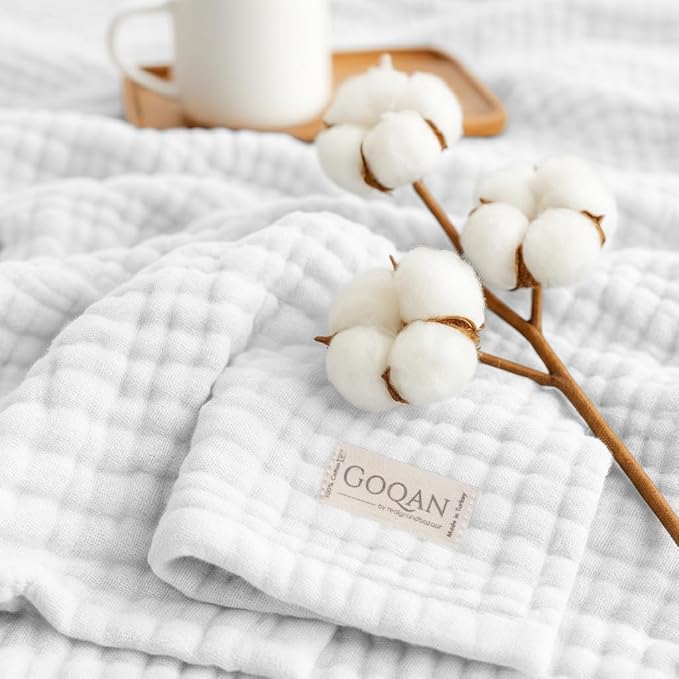Goqan Muslin Blanket King Size 90x108 – 100% Cotton 4 Layer Boho Muslin Blanket for Adults, Lightweight, Soft, Breathable for Bed, Couch - White
