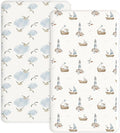 Pack and Play Sheets 2 Pack, Fitted Jersey Knit Mini Crib Sheets for Baby Boys and Girls, Compatible with Graco Pack N Play and Mini Crib Mattress (Sailing Waves, Pack N Play/Mini Crib Sheets)
