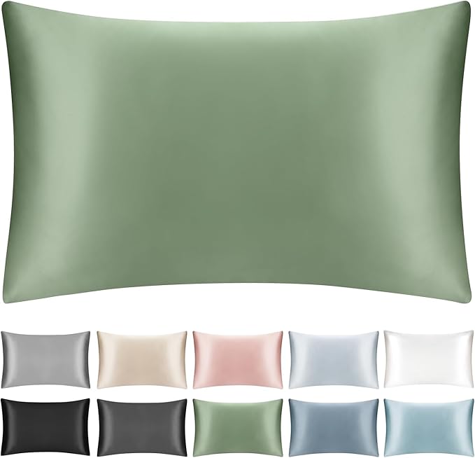 100% Mulberry Silk Zippered Bed Pillowcase for Hair and Skin,Zip Up Real Silk Large Pillow Case,19 Momme Grade 6A,1pc,Sage Green,Super King Size 20x36 Inches