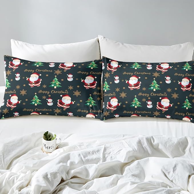 Christmas Duvet Cover Set Twin Size, Santa Claus Xmas Trees Snowman Sonwflake Comforter Cover with 1 Pillowcase, New Year Theme Bedding Set for Kids Boy Girl Lightweight Bedspread Cover,No Comforter