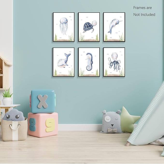 Wodkwq Nursery Wall Art Sea Animal Canvas Prints Baby Girl Boy Room Decor Watercolor Paintings Pictures Cute Ocean Theme Toddler Room Decoration Set of 6 for Kids Bedroom Bathroom 8x10in Unframed