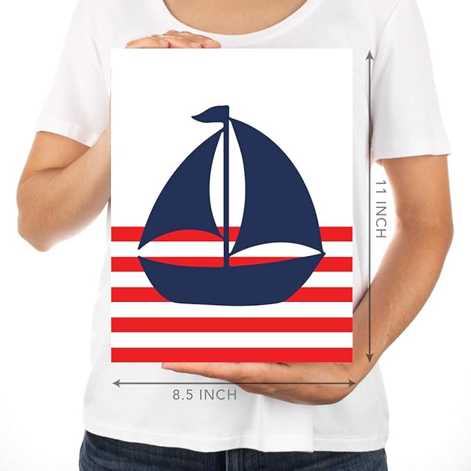 Andaz Press Ocean Nautical Sailor Theme Nursery Kids Bedroom Hanging Wall Art Decor, 8.5x11-inch, Red Stripes, Boat, Anchor, Lighthouse, Whale, 6-Pack, Unframed Room Poster