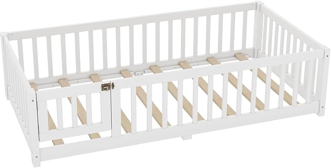 Bellemave Twin Size Floor Bed Frame with Fence and Door for Kids, Montessori Floor Bed with Slats and Safety Guardrails,Solid Wood Twin Bed Frame for Girls Boys,White