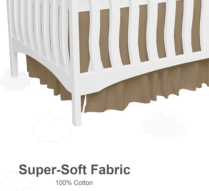 Crib Bed Skirt Dust Ruffle with Split Corners, 100% Cotton, Taupe Nursery Crib Skirt for Baby Boys or Girls, 28x52, 14" Drop, Toddler Bed Skirt, Baby Bedding, Crib Sheet Skirt, Soft & Breathable
