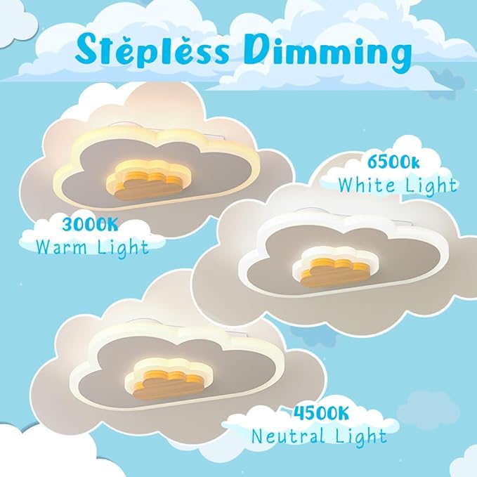 LED Wood Cloud Cartoon Kids Ceiling Light 23.62in - 3000-6500K with Nightlight - Bedroom Nursery Lamps for Girls & Boys