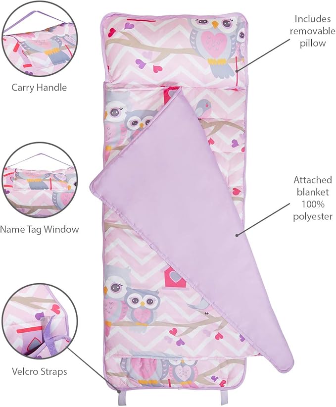 EVERYDAY KIDS Nap Mat with Removable Pillow - Carry Handle with Straps Closure, Rollup Design, Soft Microfiber for Preschool, Daycare, Travel Sleeping Bag - Sweet Owls - Ages 3-6 Years