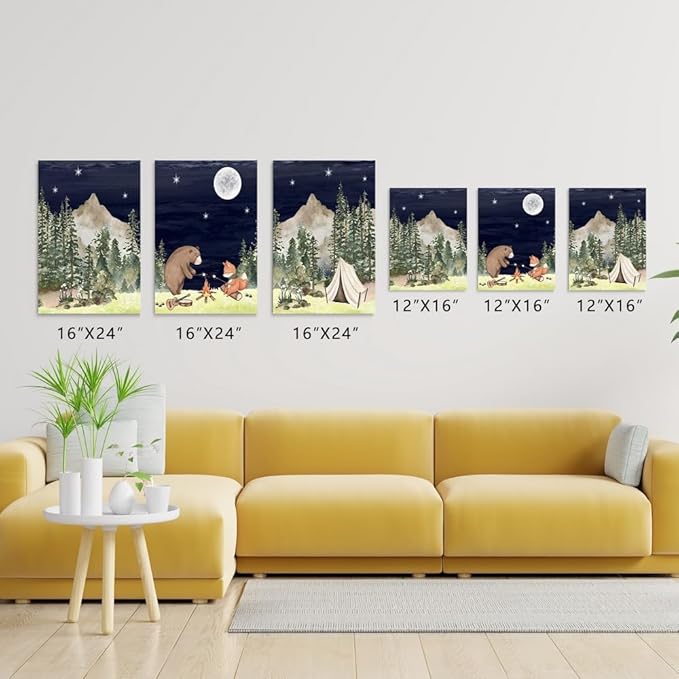 Camping Nursery Wall Decor, Bear Fox Nursery Print, Moon Night Woodland Nursery Decor, Watercolor Mountain Forest Wall Art, Set of 3 Nature Picture for Boy Girl Bedroom, Framed Canvas, 12"x16"x3