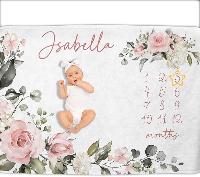 OLIVE OLIVIA Personalized Monthly Baby Milestone Blanket, Baby Months Blanket, Perfect Custom Newborn Gifts,50"x60"