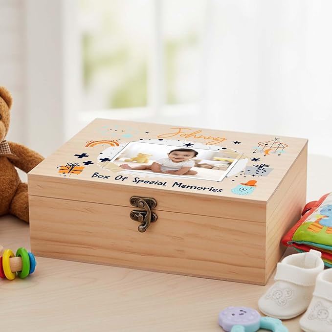 Personalized Baby Memory Pine/Walnut Wooden Box for Keepaske, 10*8*3.5in Large Pine Boxes Custom Newborn Gifts Engraved Wood Box with Lid, Baby Shower Gifts for Boys Girls Keepsake Storage Boxes
