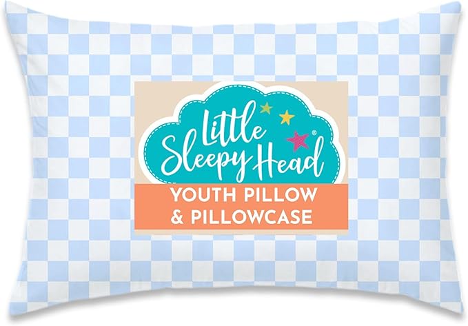 Little Sleepy Head Youth Pillow with Pillowcase 16x22, Jumbo Toddler Pillow, Hypoallergenic Pillowcase - Best Kids Pillows for Sleeping, Perfect Kids Travel Pillow (Checkers Baby Blue)