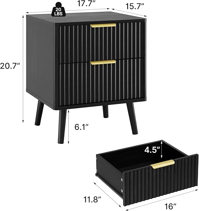 LYNSOM Fluted Dresser and Nightstand Sets 2 Piece, 2-Drawer Nightstands and 5-Drawers Dresser, Wood Bedroom Furniture Set for Home, Bedroom, Hallway, Black