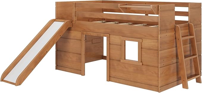 Max & Lily Loft Bed Twin Size, Solid Wood Low Loft Bed with Slide and Ladder, Modern Farmhouse Loft Bed for Kids, Farmhouse Pecan