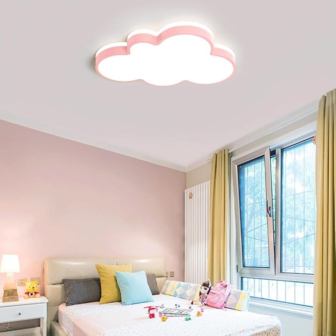 Cute Cloud LED Ceiling Light Fixture, Blue & White Flush Mount Lamp, Modern Eye-Caring Lighting for Kids’ Bedroom, Nursery, Baby Room, Playroom Decor(Red,68cm)