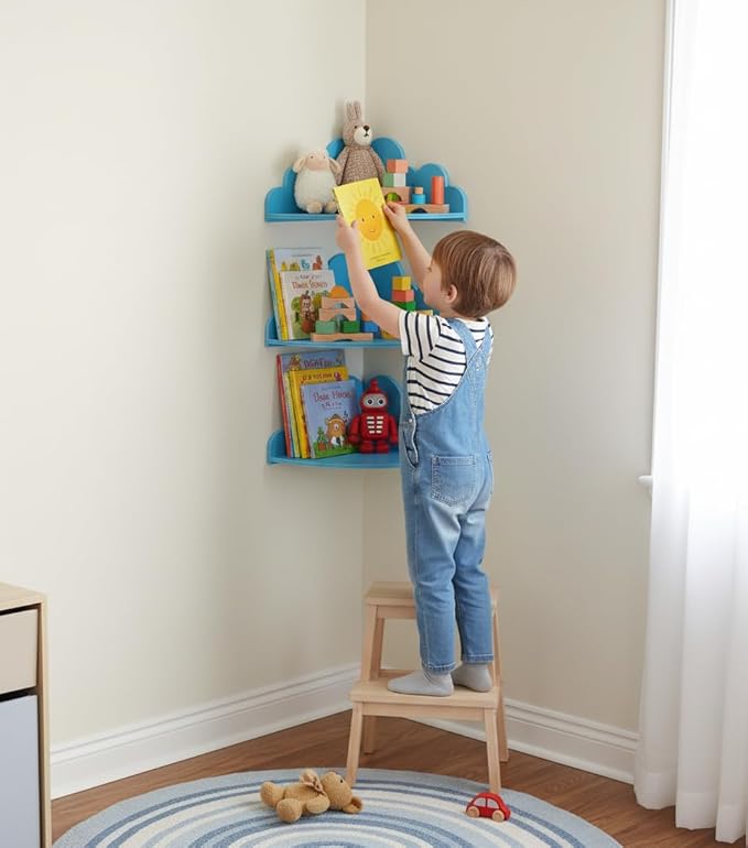 Cloud Wall Shelf Set of 3 Corner Hanging Shelf Nursery Book Shelf, Scalloped Design, Safe and Non-Toxic Sheet Wall-Mounted Background for Kids Bedroom, Toddler Room, Baby Room Decor