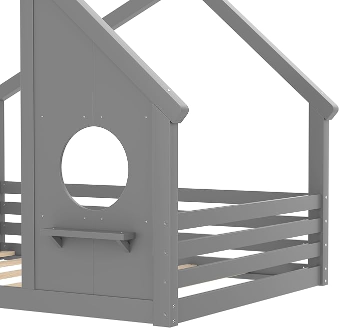 Polibi Full Size Floor Bed with House-Shaped Roof,Window and a Small Shelf, Solid Wood Low Profile Floor Bed for Kids, No Box Spring, Grey
