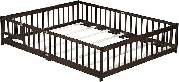 Bellemave Queen Size Floor Bed for Kids, Girls, Boys, Wood Floor Bed with slats and Door, Espresso