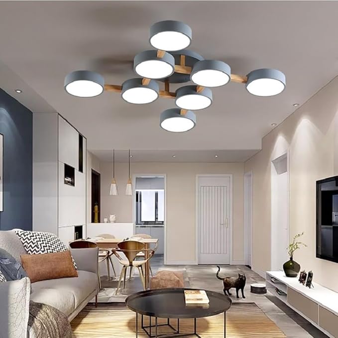 LED Flush Mount Ceiling Light Fixture with 3000K/4000K/6000K Temperatures Selectable,44Inch 96W Chandelier Modern Wood Ceiling Lamp for Bedroom Kitchen, 8-Lights Indoor Lighting Grey Pendant Light