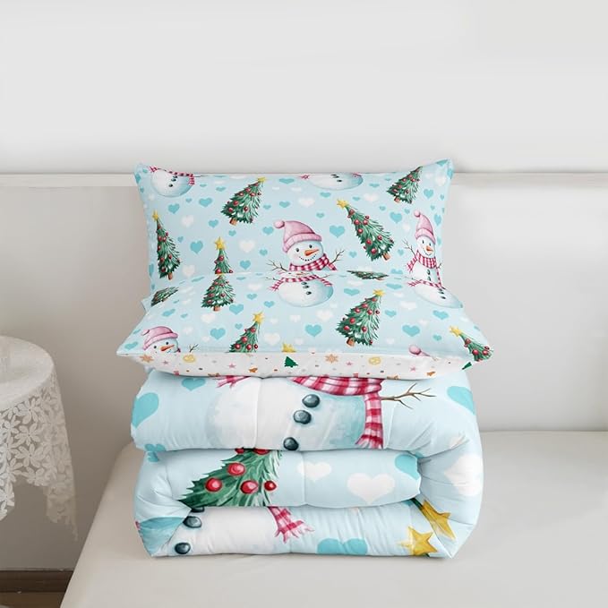 Feelyou Merry Christmas Kids Comforter Set Toddler Size Cute Snowman Bedding Set Christmas Tree Duvet Quilt for Kids Boys Girls Bedroom Love Hearts Decor Microfiber Ultra Soft Breathable