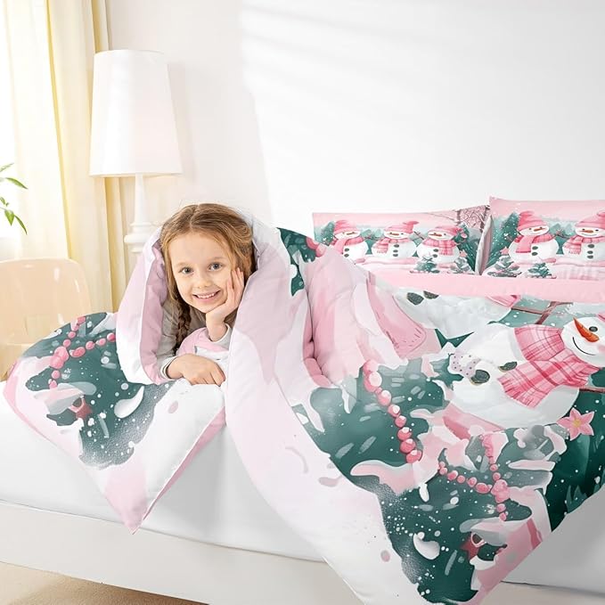 Feelyou Pink Christmas Kids Comforter Set Queen Size Merry Christmas Tree and Snowman Bedding Set Cute Snowman Duvet Quilt for Kids Boys Girls Bedroom Xmas Snowflake Decor Kawaii Soft Breathable