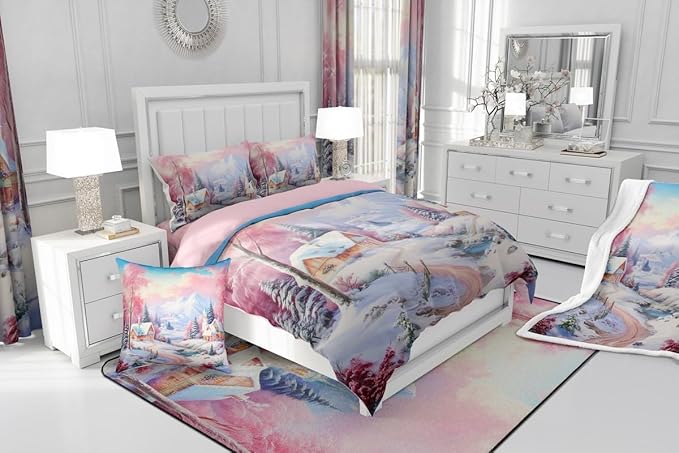 Feelyou Merry Christmas Kids Comforter Set Toddler Size Village Barn Bedding Set Winter Snowscape Duvet Quilt for Kids Boys Girls Bedroom Pine Tree Decor Microfiber Ultra Soft Breathable