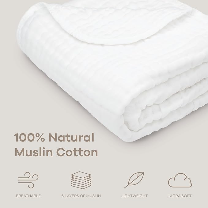 Comfy Cubs Muslin Baby Blanket - Soft, Lightweight, 6-Layer Cotton Swaddle Blankets for Newborns, Infants & Toddlers - 40" x 40" Large, Breathable & Versatile for Sleeping & Tummy Time - White