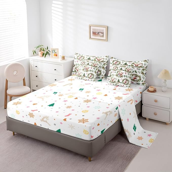 Erosebridal Christmas Santa Claus Bed in A Bag 7 Pcs Cute Penguin Snowman Comforter Set for Women Men Xmas Berry Tree Bedding Sets King Berry Branches Holiday Wreath Sheet Set with Comforter