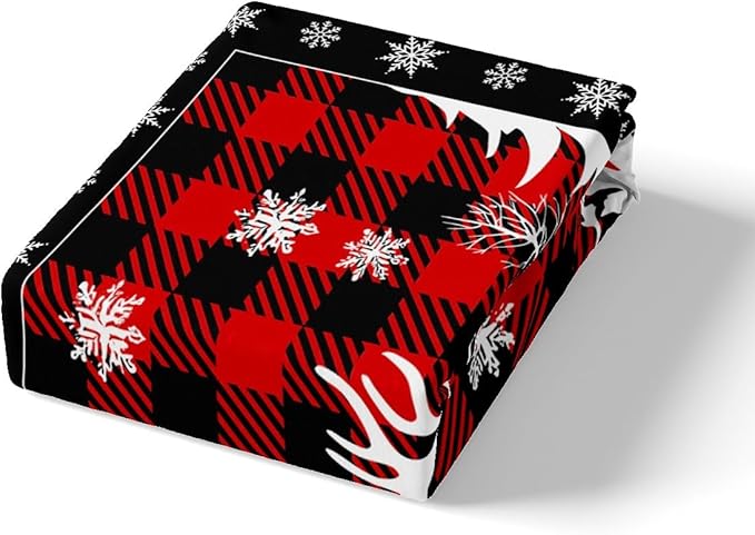 Manfei Christmas Duvet Cover Set Twin Size, Xmas Deer Tree Snowflake Print Bedding Set 2pcs for Kids Boys Girls Bedroom Decor, Black Red Plaid Print Comforter Cover with 1 Pillowcase,No Comforter