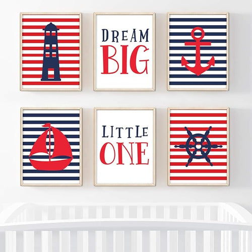 Andaz Press Ocean Nautical Sailor Theme Nursery Kids Bedroom Hanging Wall Art Decor, 8.5x11-inch, Red Blue Stripes, Boat, Anchor, Lighthouse, Whale, 6-Pack, Unframed Room Poster