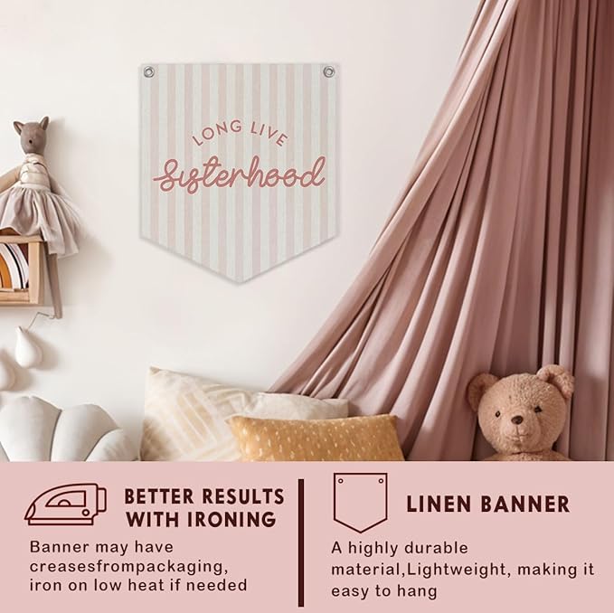 Lacama Girl Room Decor, Long Live Sisterhood Linen Banner Hanging Flag Retro Pink Banner for Nursery Playroom Wall Decor for Kids Bedroom Dorm Toddler Decorations Trendy Room Decor 12.4x14 in