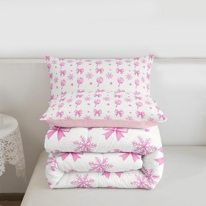 Feelyou Pink Christmas Bedding Set Soft for Boys Girls, Bow Candy Comforter Set Queen Size Star Snowflake Duvet Quilt Microfiber Bedroom Decor 3 Pcs with 2 Pillow Cases
