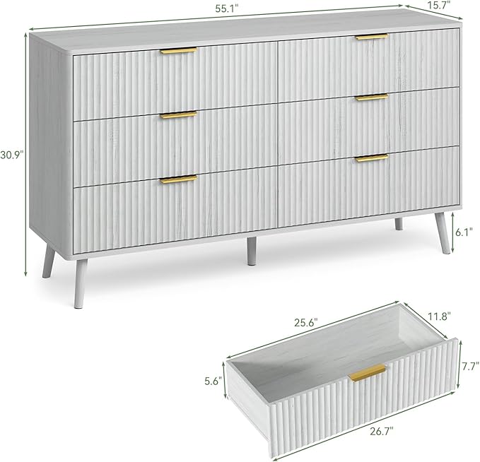 LYNSOM Fluted Dresser and Nightstand Sets 2 Piece, 2-Drawer Nightstands and 6-Drawers Dresser, Wood Bedroom Furniture Set for Home, Bedroom, Hallway, White