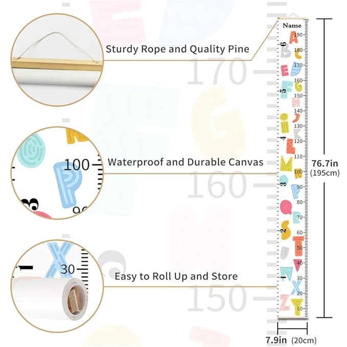 Personalized Growth Chart for Kids, Baby Height Chart with Custom Name, 77"x7.9" Canvas and Beige Wood Height Measuring Rulers for Boys Girls Removable Wall Ruler Hanging for Nursery Decor - Alphabet
