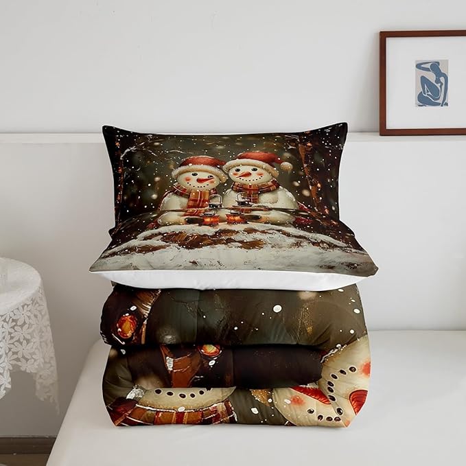 Manfei Kawaii Snowman Kids Comforter Set Twin Size,Dead Tree Winter Snow Romantic Bedding Set,Boys Girls Room Decor,Merry Christmas Down Comforter,Black White Duvet Insert,1 Pillowcase