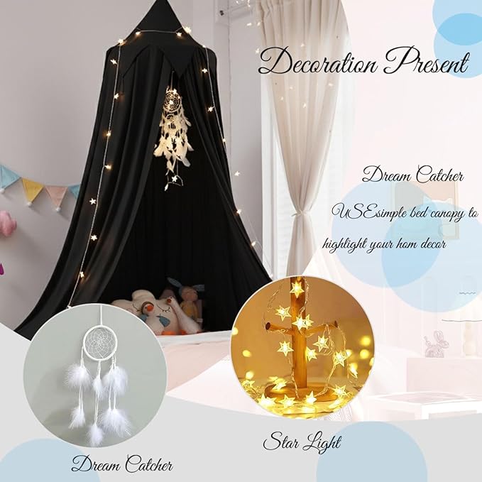 Akiky Bed Canopy for Bed with Lights,Dream Catcher,Hanging Canopy for Indoor Outdoor Castle Canopy for Reading Nook House Decoration (Black)