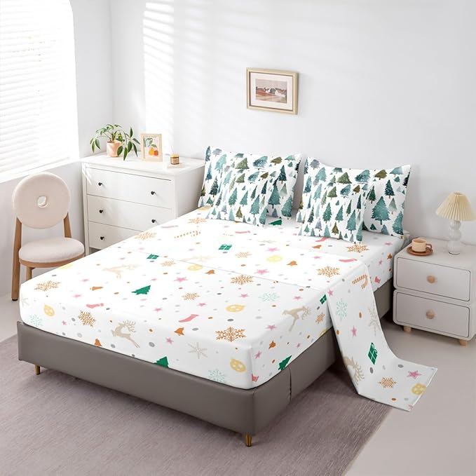 Erosebridal Christmas Tree King Comforter Set with Sheets 7 Piece Green Xmas Pine Tree Bed in A Bag Forest Snowy Nature Scene Bedding Sets for Teens Winter Holiday Christmas Bed Set Happy New Year