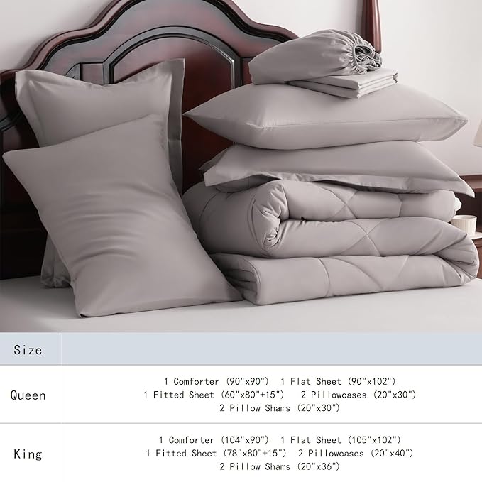 NTBAY Queen Comforter Set with Sheets, 7 Pieces Soft and Breathable Queen Bedding Set, Bed in a Bag, Down Alternative Comforter Set Solid Color All Season, Queen Bedding Set, Smoke Grey
