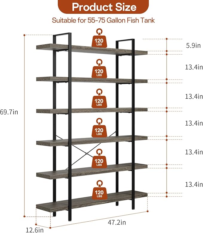 Bookcase, 47 Inch Wide Wood Bookshelf, 120lbs Shelf Capacity Estante, Rustic Open Shelving Industrial Display with Reinforced Horizontal Shelves for Living Room Bedroom Office (6 Tier - Grey)