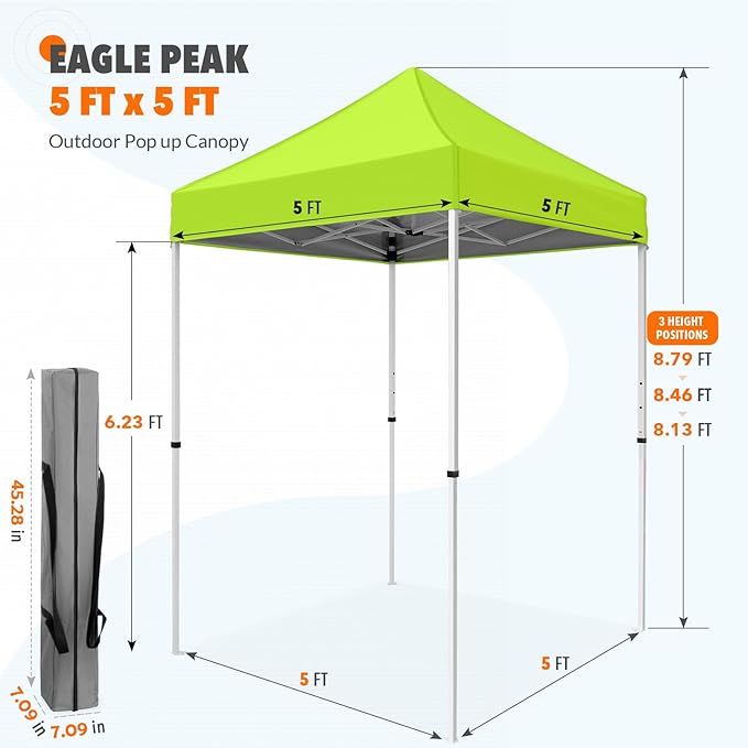 EAGLE PEAK 5x5 Pop Up Canopy Tent Instant Outdoor Canopy Easy Set-up Straight Leg Folding Shelter, Neon Green