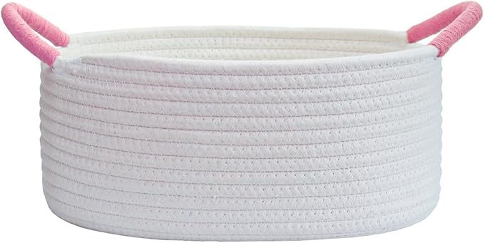 Yimi's Dream Baskets for Gifts Empty, Small Storage Baskets for Shelf, Decorative White Woven Baskets with Pink Handle for Mom, Nursery, Baby Shower, Christmas(Oval, 12"x 8"x 5")