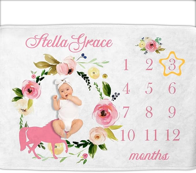 OLIVE OLIVIA Personalized Gifts for Baby with Customized Name, Monthly Milestone Blanket Girl Boy, Growth Chart Blanket, Perfect Custom Pentagram Frame,60''x80''