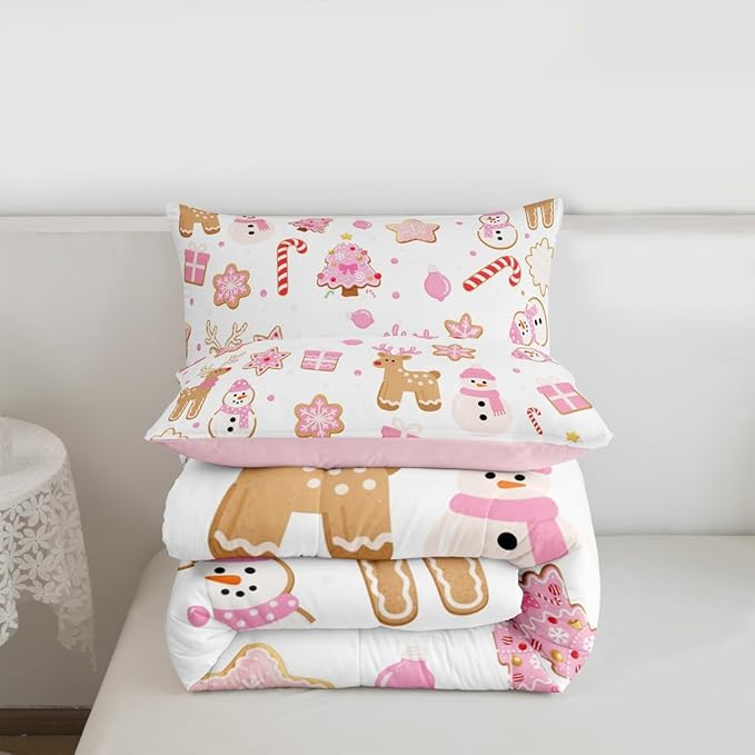 Feelyou Pink Christmas Comforter Set Toddler Size Snowman Deer Bedding Set for Kids Boys Girls Snowflake Duvet Quilt Bedroom Decor Microfiber 2 Pcs with 1 Pillow Cases