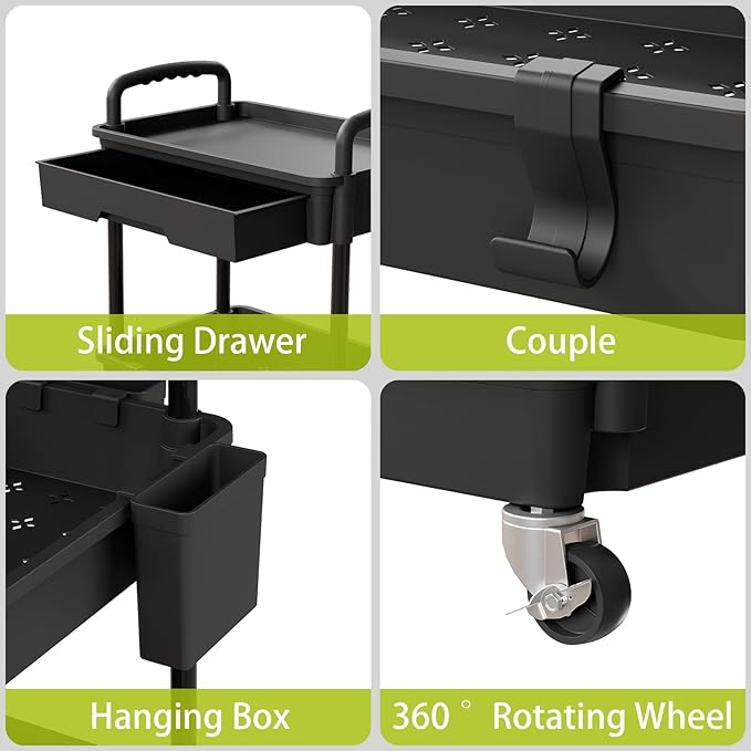 3 Tier Rolling Cart Organizer,Laundry Room Bathroom Organizers and Storage Office Shelves Mobile Shelving Unit Kitchen Trolley Cart with Wheels for Art,Craft,Diaper,Bedside,Snack(Black)