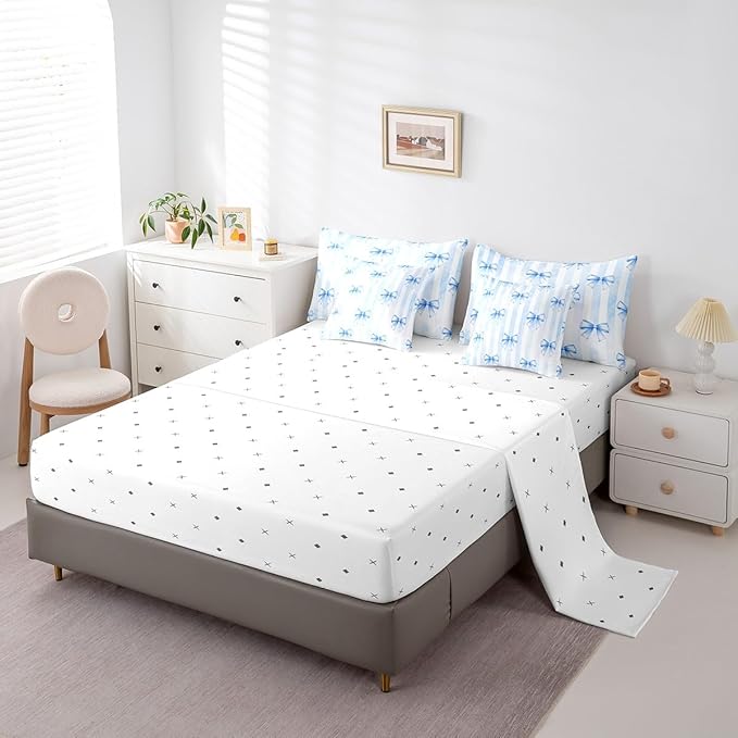 7 Pieces Blue Bowknot Kids Comforter Twin Size,Geometric Stripes Bow Tie Patchwork Dreamy Girls Bedding Set,Butterfly Knot Princess Cute（Comforter+Fitted+Flat+2 Pillowcases+2 Throw Pillow Covers）