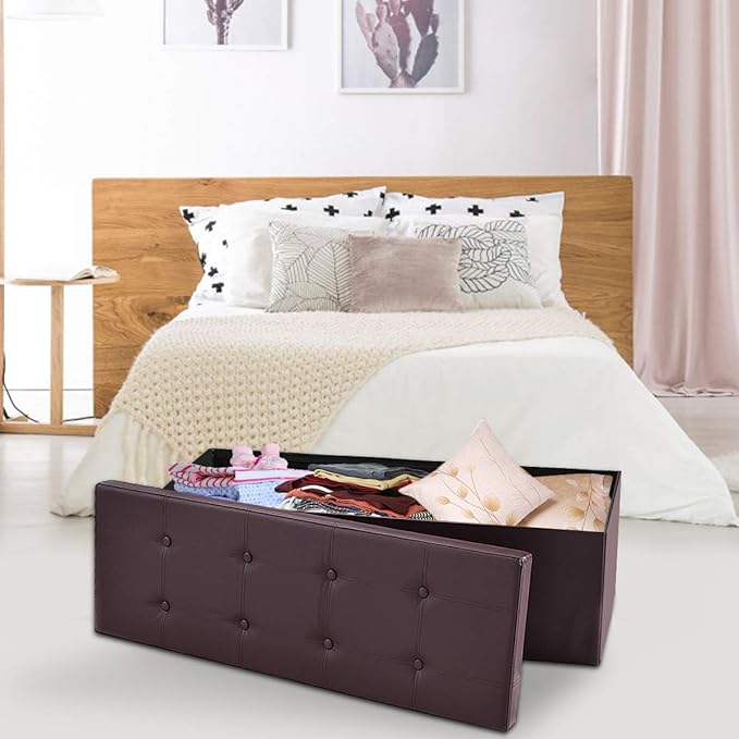 Safeplus Folding Storage Ottoman Bench, 45" Large Ottoman Space-Saving Bench,Faux Leather Storage Chest with Memory Foam,Footrest Padded Stool Seat for Bedroom Toy Chest, Brown,Leather