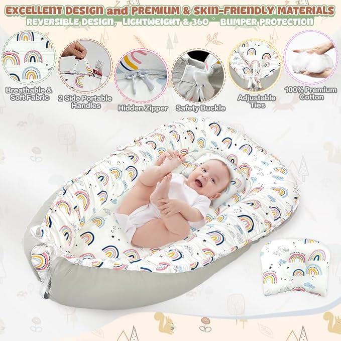JIFTOK Baby Nests Lounger for Newborn, Snuggle Bassinet for 0-24M, Breathable Portable Co Bed, Baby Essentials Adjustable Infant Soft Cotton Loungers for Home & Travel -Rainbow