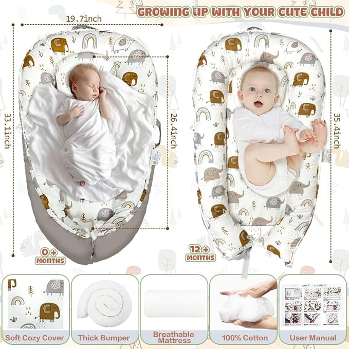 JIFTOK Baby Nests Lounger for Newborn, Snuggle Bassinet for 0-24M, Breathable Portable Co Bed, Baby Essentials Adjustable Infant Soft Cotton Loungers for Home & Travel -Elephant