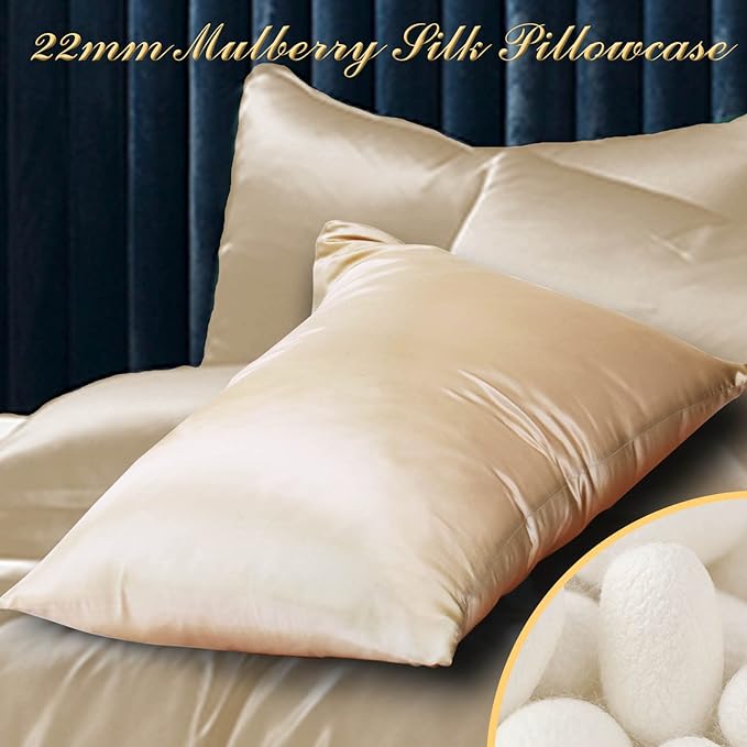 100% Mulberry Silk Pillowcase 2 Pack for Hair and Skin,with Hidden Zipper,Both Sides 22 Momme Natural Silk Pillow Cover,Soft Breathable & Smooth (Beige, King)