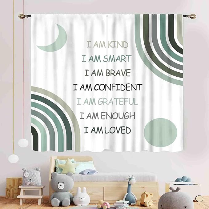 Rainbow Curtains for Girls Bedroom, Boho Rianbow Quotes Inspirational Motivational Positive Colorful Pastel Green Window Drapery for Baby Kids Living Room Toddler Nursery Classroom, 55x39 Inch